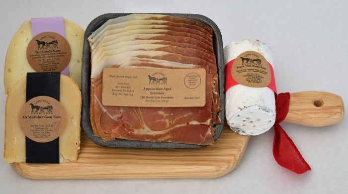 Food Gift BasketsGOAT CHEESE FAVORITES - 3 Cheeses Proscuitto & Oak Cutting BoardbundledelicacySaving Shepherd
