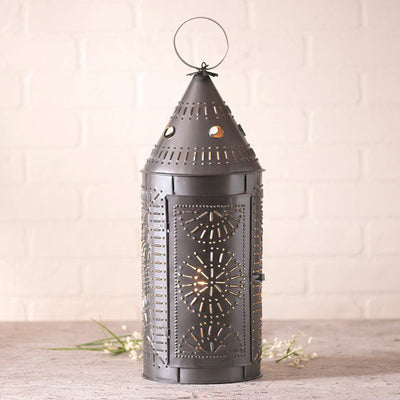 Country Lighting21" LANTERN LIGHT - Punched Tin Lamp in Smokey BlackSaving Shepherd