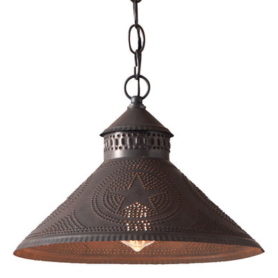 Country LightingPUNCHED TIN STOCKBRIDGE SHADE PENDANT LIGHT Colonial STAR Pattern Hanging LampbarnstarblackenedSaving Shepherd