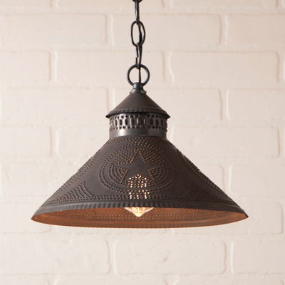 Country LightingPUNCHED TIN STOCKBRIDGE SHADE PENDANT LIGHT Colonial STAR Pattern Hanging LampbarnstarblackenedSaving Shepherd