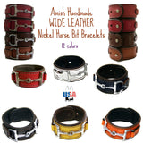 Handtooled LeatherWIDE LEATHER HORSE BIT BRACELET with Nickel Equestrian Snaffle in 12 ColorsAmerican MadeAmishSaving Shepherd