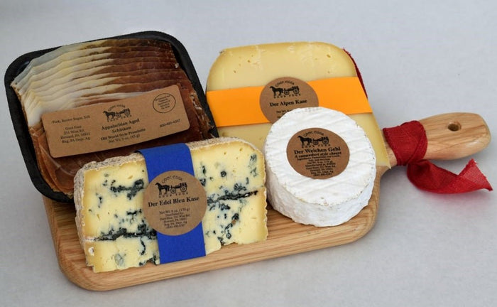 Food Gift BasketsCOW CHEESE FAVORITES - 3 Artisanal Cheeses with Prosciutto on Cutting BoardbundledelicacySaving Shepherd