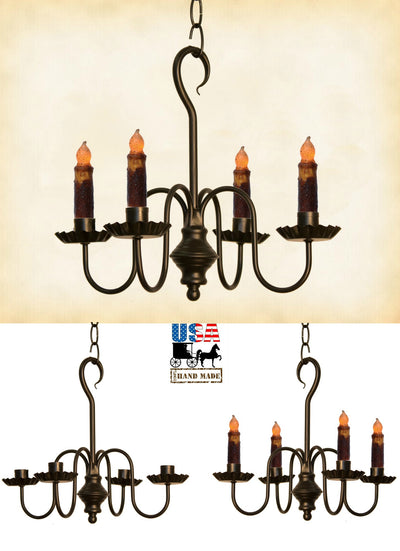 Country LightingCOLONIAL "PEPPERMILL" METAL CANDLE CHANDELIER - 4 Arm Candelabra Handmade in USAceiling lightchandelierSaving Shepherd