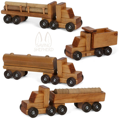 Wooden & Handcrafted Toys4 WOOD TOY TRUCKS - Set of FOUR Log Barrel Tanker & Dump Truck Construction FleetAmishchildrenSaving Shepherd