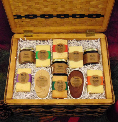 TASTE OF HOME GIFT BASKET - Cheeses Condiments & Fudge in Hand Woven Basket