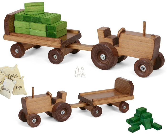 FARM TRACTOR with TRAILER CART HAY BALES & FEED SACKS - Handmade USA Wood Toy