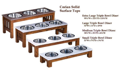 TRIPLE DISH CRAFTSMAN DOG FEEDER - LUXURY WOOD with CORIAN TOP - Handmade Elevated Oak Stand with Bowls