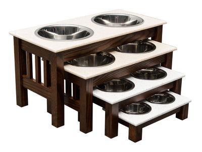 DOUBLE DISH DOG FEEDER - LUXURY WOOD with CORIAN TOP - Handmade Elevated Oak Stand with Bowls