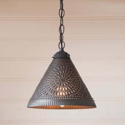 Country LightingPUNCHED TIN WELLINGTON PENDANT SHADE LIGHT Handcrafted Chisel Pattern Hanging Ceiling Lamp in Kettle Blackblackened tinceiling lampcountryIrvin's TinwareSaving Shepherd