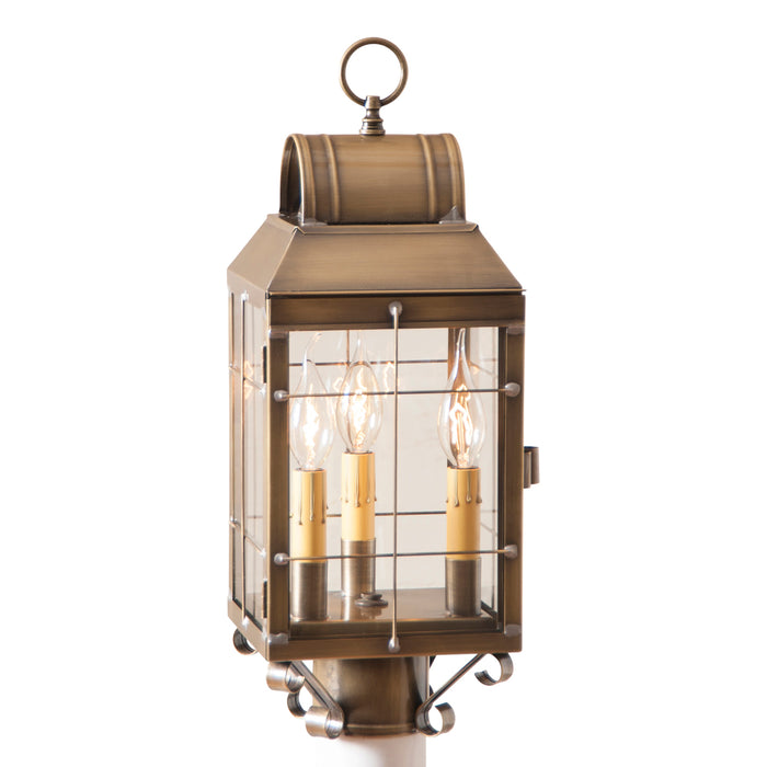 OUTDOOR POST LANTERN Weathered Brass Handcrafted Colonial Post Mount Light