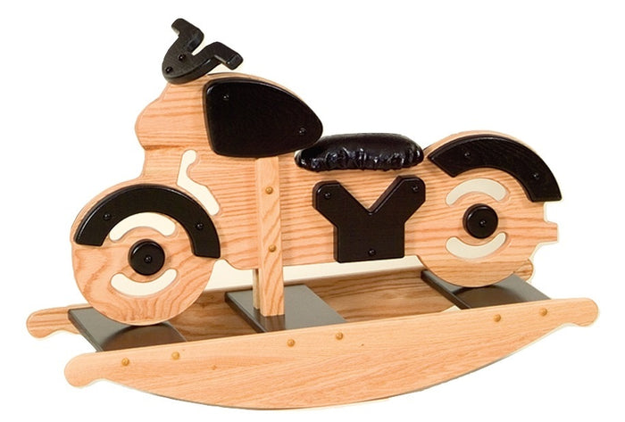 Wooden & Handcrafted ToysROCKING MOTORCYCLE Amish Handmade Solid Oak Bike Rocker Bike with Faux Leather SeatAmishbabySaving Shepherd