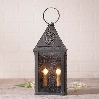 Country LightingPUNCHED TIN HOSPITALITY LANTERN Large Dual Candle Colonial Chisel Pattern with Seedy Glass in KETTLE BLACKCandlecandlesSaving Shepherd