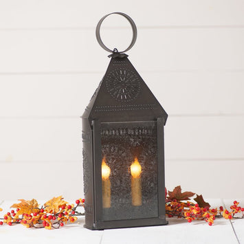 Country LightingPUNCHED TIN HOSPITALITY LANTERN Large Dual Candle Colonial Chisel Pattern with Seedy Glass in KETTLE BLACKCandlecandlesSaving Shepherd