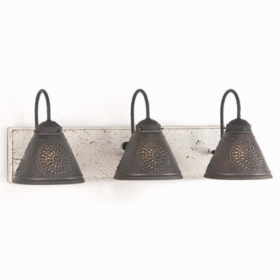 Country Lighting"CRESTWOOD" VANITY LIGHT Wood & Metal with 3 PUNCHED TIN Lamp ShadesbathroombathroomvanitySaving Shepherd