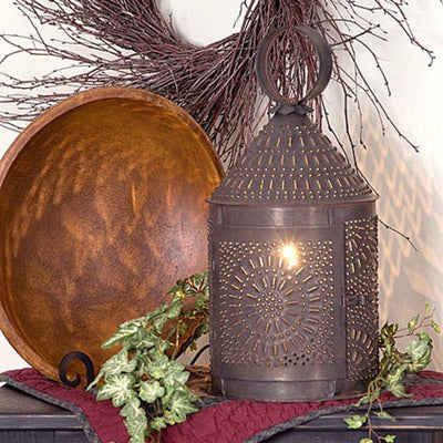 15" Fireside Colonial Lantern with Chisel Pattern in Kettle Black Tin Finish