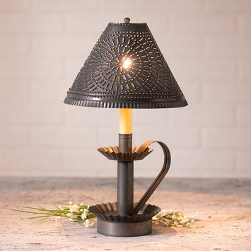 Country LightingPrimitive Punched Tin Candlestick Accent Light in Kettle Black Tin with Chisel Shadeaccent lightaccent lightingSaving Shepherd