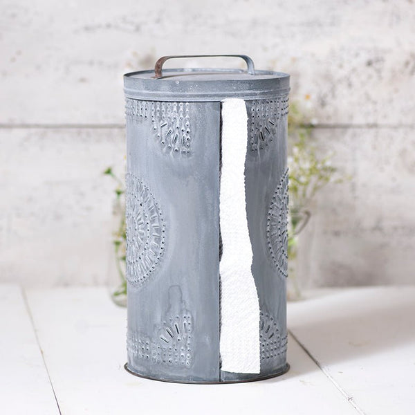 PrimitivesPUNCHED TIN PAPER TOWEL DISPENSER ~ Primitive Kitchen Counter Holder in Weathered Zinc FinishcolonialcountrySaving Shepherd