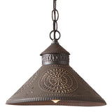 Chandeliers & Ceiling FixturesPUNCHED TIN STOCKBRIDGE PENDANT LIGHT Chisel Pattern in Rustic Tin & Kettle Blackcountry lightinghanging lightSaving Shepherd