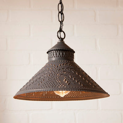 Country LightingPUNCHED TIN STOCKBRIDGE SHADE PENDANT WILLOW Pattern in Kettle BlackblackenedceilingSaving Shepherd