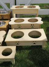 "TABLE TOP" WOOD DOG FEEDER Handmade Elevated Stand with Paw Print Bowls - Unfinished Pine